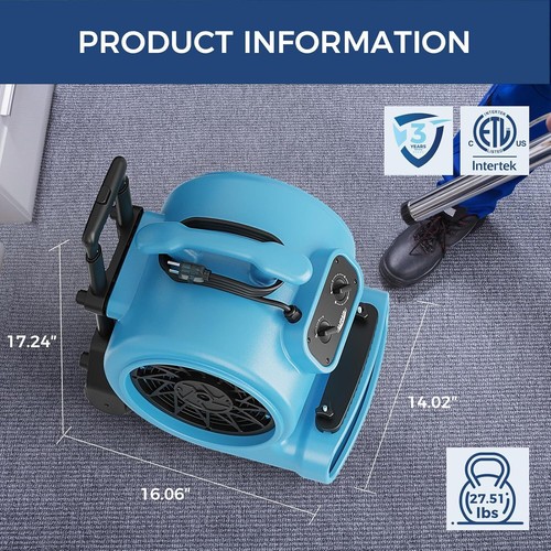 AlorAir GE3000HTC 3000 CFM Air Mover Blower Fan 3-Speed Timer Cooling Dryer - Picture 7 of 8