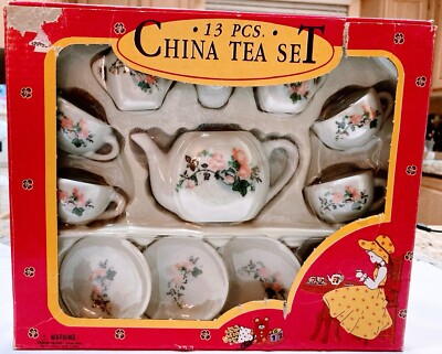 Vintage 13 Pcs Porcelain Tea Set Toy New in Box RARE