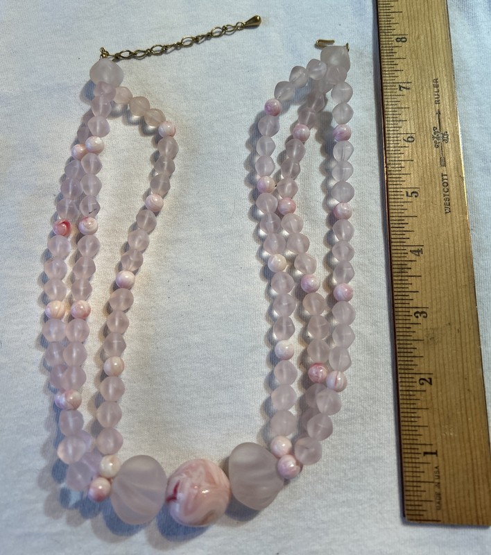 Avon Vintage Pretty in Pink Frosted & Swirl Lucite Beads Three Strand Necklace