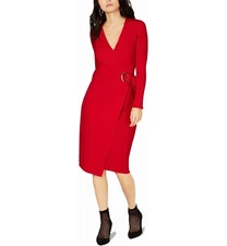 INC Women M Real Red Long Sleeve Knee Length Sweater Wrap Sheath Dress NWT AX82