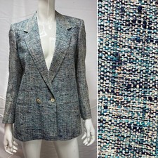 Women's Vintage Beige Blue Speckled Tweed Double Breasted Blazer Jacket M