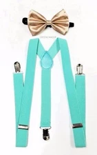 Mint Teal Seafoam SUSPENDERS and Gold BOW TIE COMBO SET Unisex Adjustable