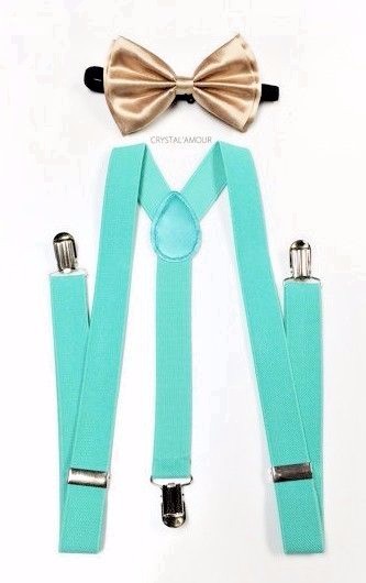 Conjunto De Tirantes Verde Agua Mint Y Corbata De Moño Dorada Unisex Ajustable
