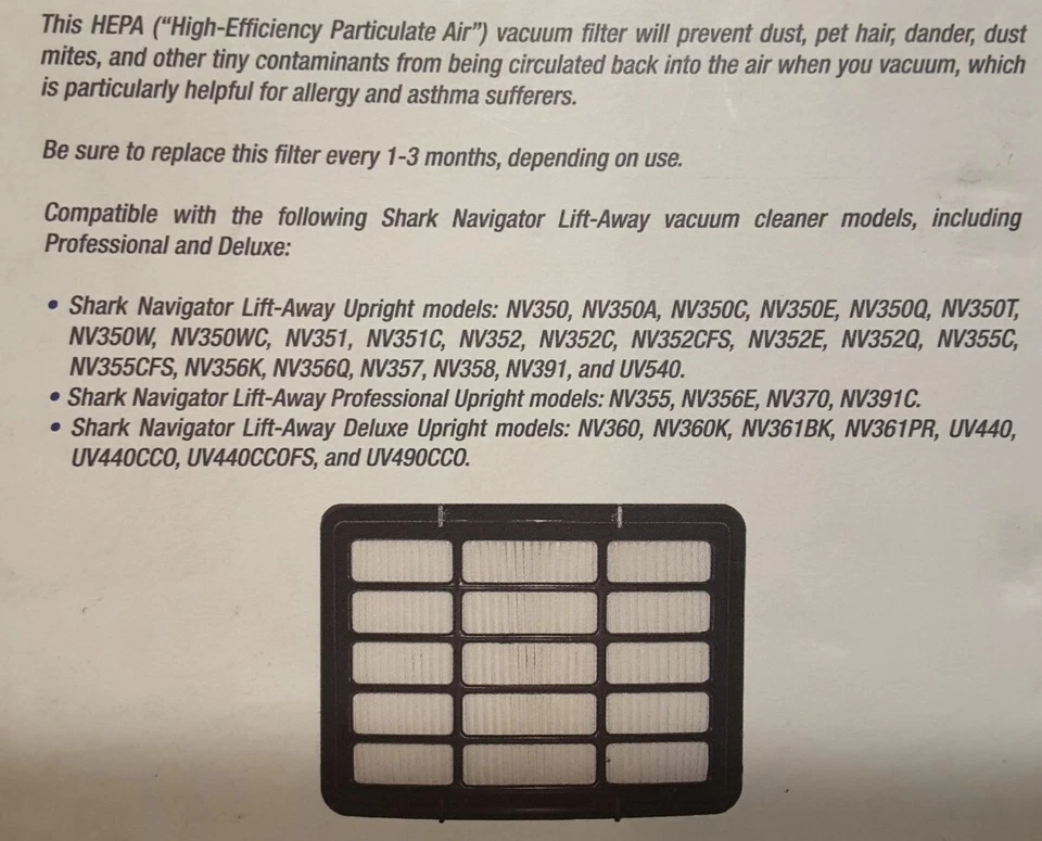 ER150 XHF350 Repuesto Filtro HEPA Shark Navigator Aspiradora Elevable Foto 4 de 4