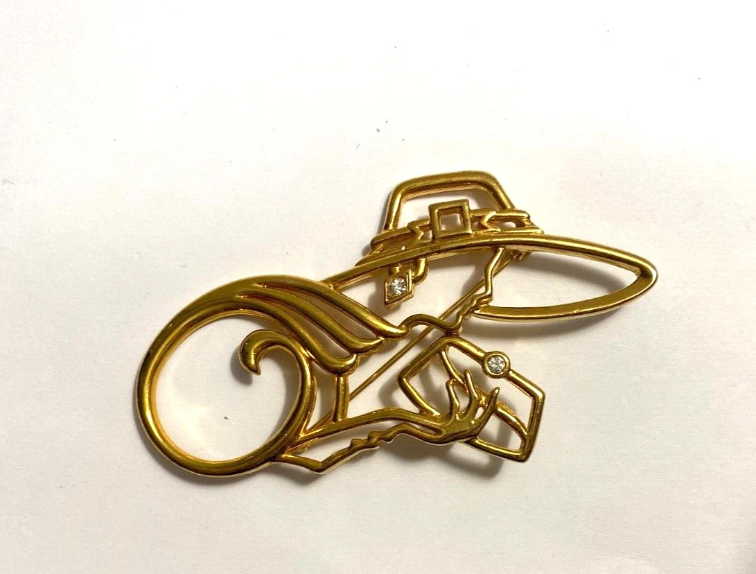 JJ Jonette Jewelry Gold Tone Lady w Hat Purse Rhinestone Brooch