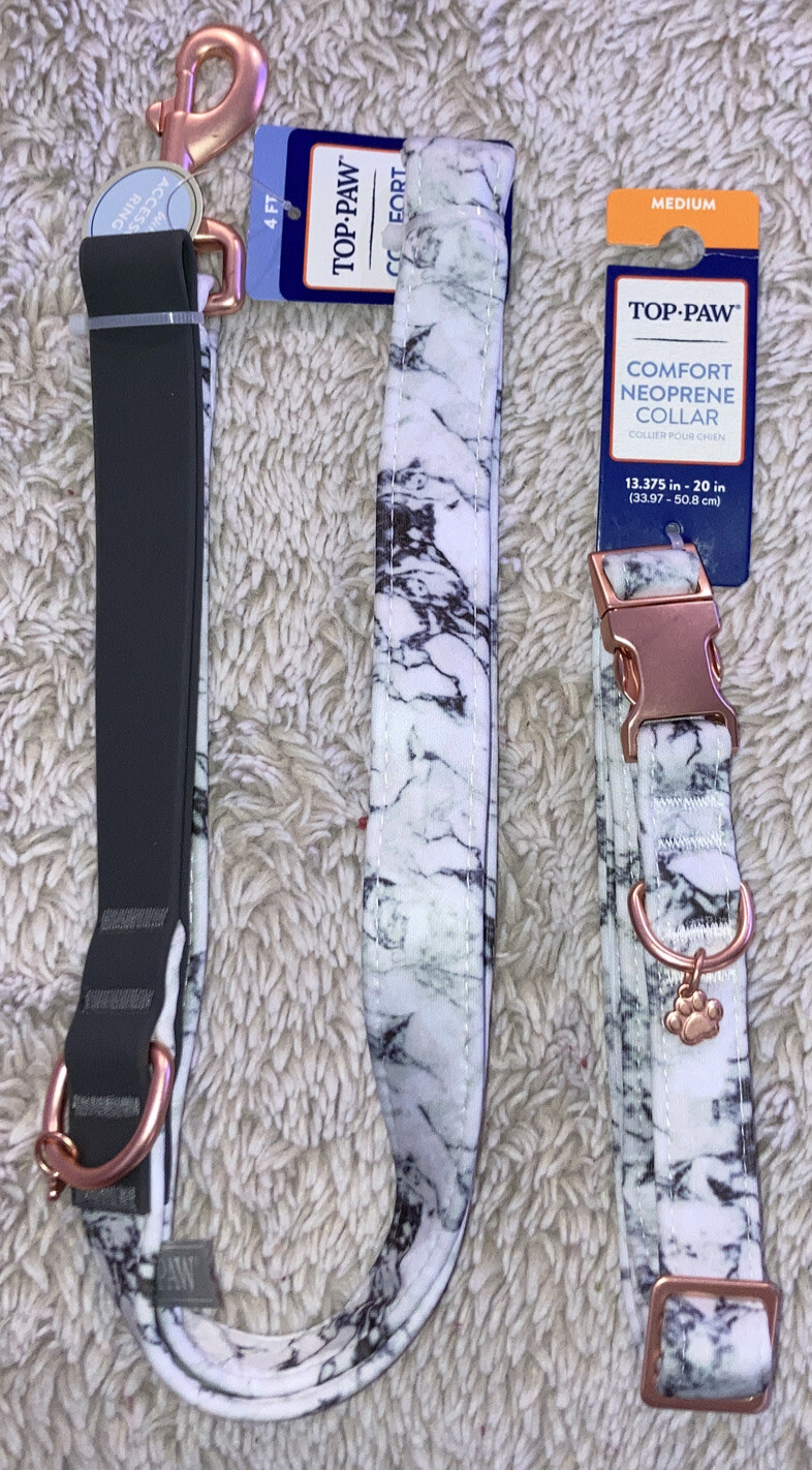 Top Paw Comfort Neoprene Marble Dog Collar (M) w/Matching Leash (4ft