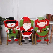 Christmas Chair Covers Set of 3, Chairs Back Cover - Santa Claus, Snowman, Elf