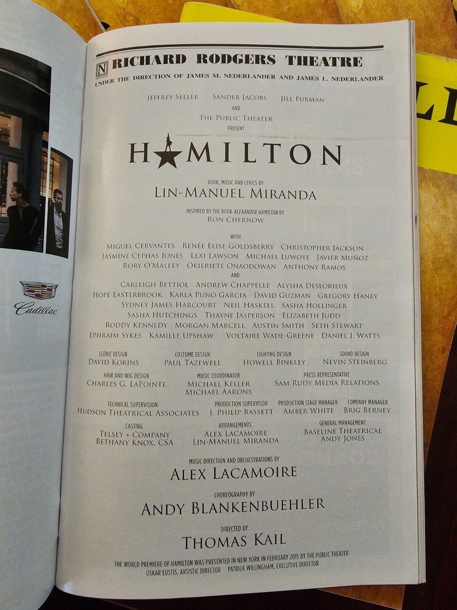 Hamilton Playbill Broadway August 2016 Partial Original Cast