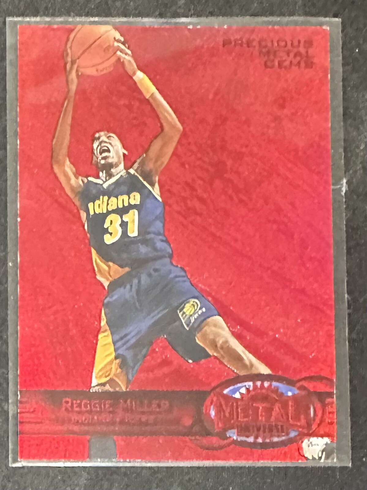 1997-98 Metal Universe Precious Metal Gems Red PMG Reggie Miller #27/100