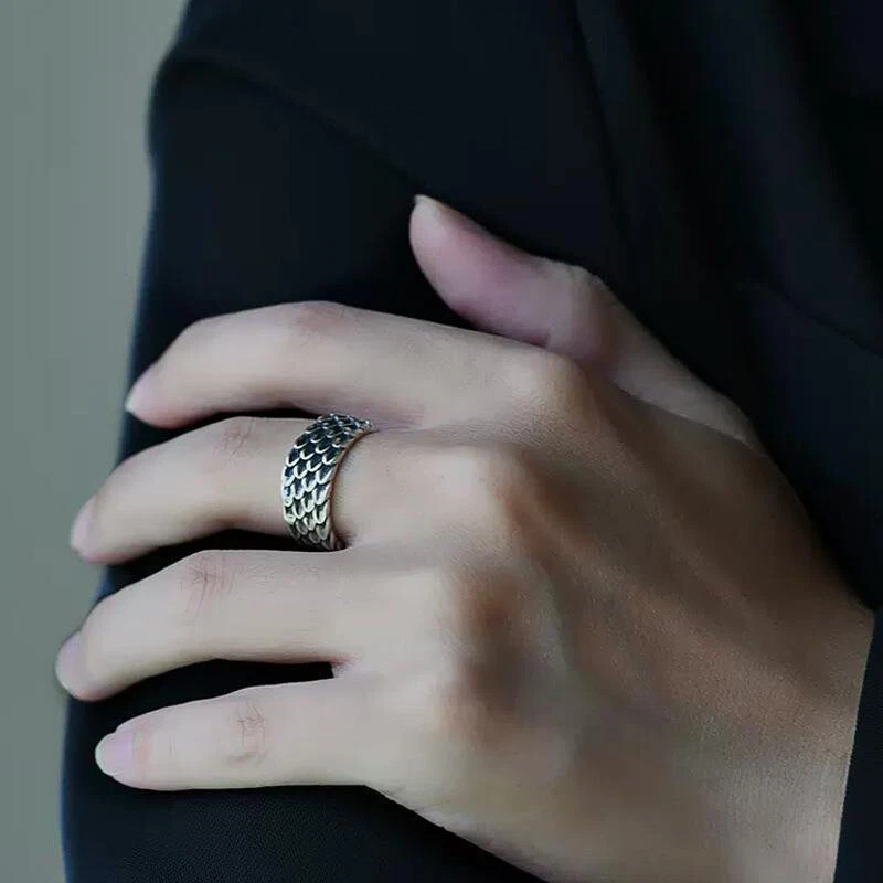 Anillo de banda de plata con escalas de dragón vintage para hombre y mujer talla ajustable Foto 4 de 4