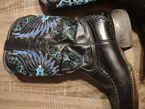 EL GENERAL Cowboy Boots Size US 7 Rodeo Leather Black w Blue Stitch Vtg - Picture 2 of 11