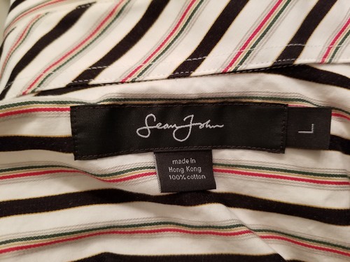Sean John Mens Shirt Size L Large Red Black White Green Gray Striped - Picture 2 of 5
