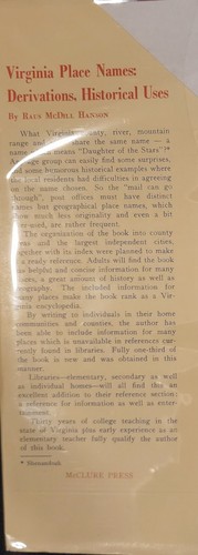 Hanson, VIRGINIA PLACE NAMES: DERIVATIONS, HISTORICAL USES - 1969 1st ed. - Picture 5 of 5