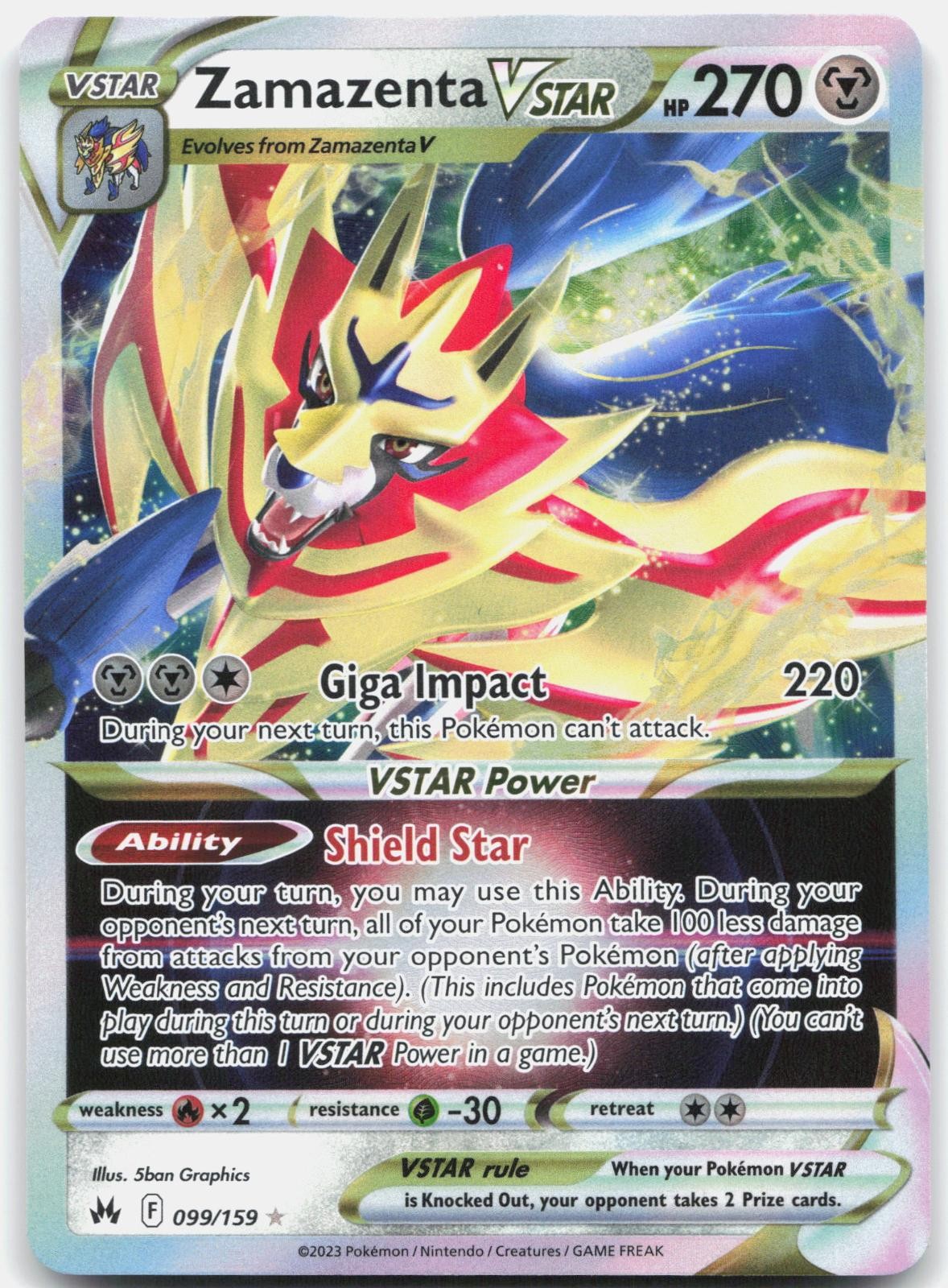 Zamazenta VSTAR 099/159 Holo VSTAR Rare Crown Zenith Pokemon Holo Near Mint