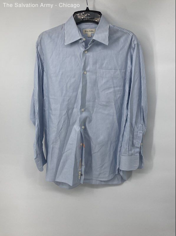 John W Nordstrom Mens White Blue Striped Long Sleeve Dress Shirt Size 15 1/2-32