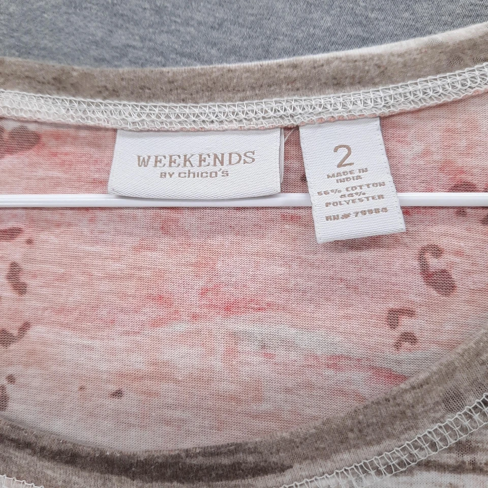 Chico's Weekends Shirt Womens 2 US L Red Brown Abstract 3/4 Sleeve Scoop Neck - Image 2 of 4