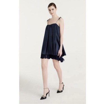 CINQ A SEPT Aimes Rhinestones Pleated Hook And Eye Silk Mini Dress Navy Size 8 M