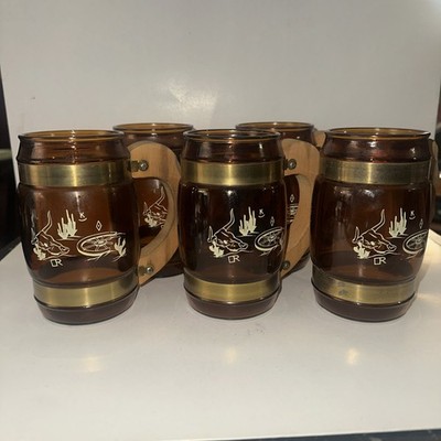 VTG 5 Siesta Ware Amber Glass Western Mugs Wood Handles Wagon Wheel Steer Skull