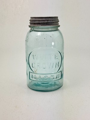 Antique White Crown Mason Jar Aqua Glass Circle & Rectangle Embossing Zinc Lid