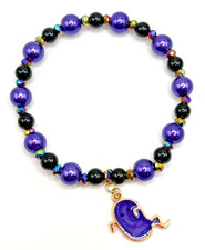 Cute BLACK  PURPLE GHOST Halloween 7.5" Glass Beaded Stretch Charm Bracelet