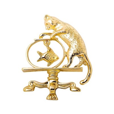 Cute Cat and Fish Brooches Vintage Gold Color Pet Animal Party Office Brooch Pin