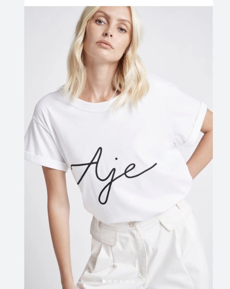AJE Ribbon Logo Tee T-Shirt Womens Size: XS, Oversized, White Short Sleeve