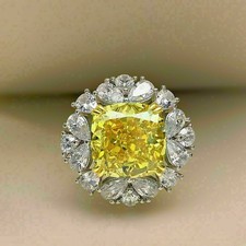 4 Ct Cushion Simulated Yellow Canary  Diamond Halo Ring 14K White Gold Plated