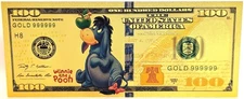 Eeyore Winnie The Pooh Disney $100 Novelty 24K Gold Foil Plated Note Bill XX057