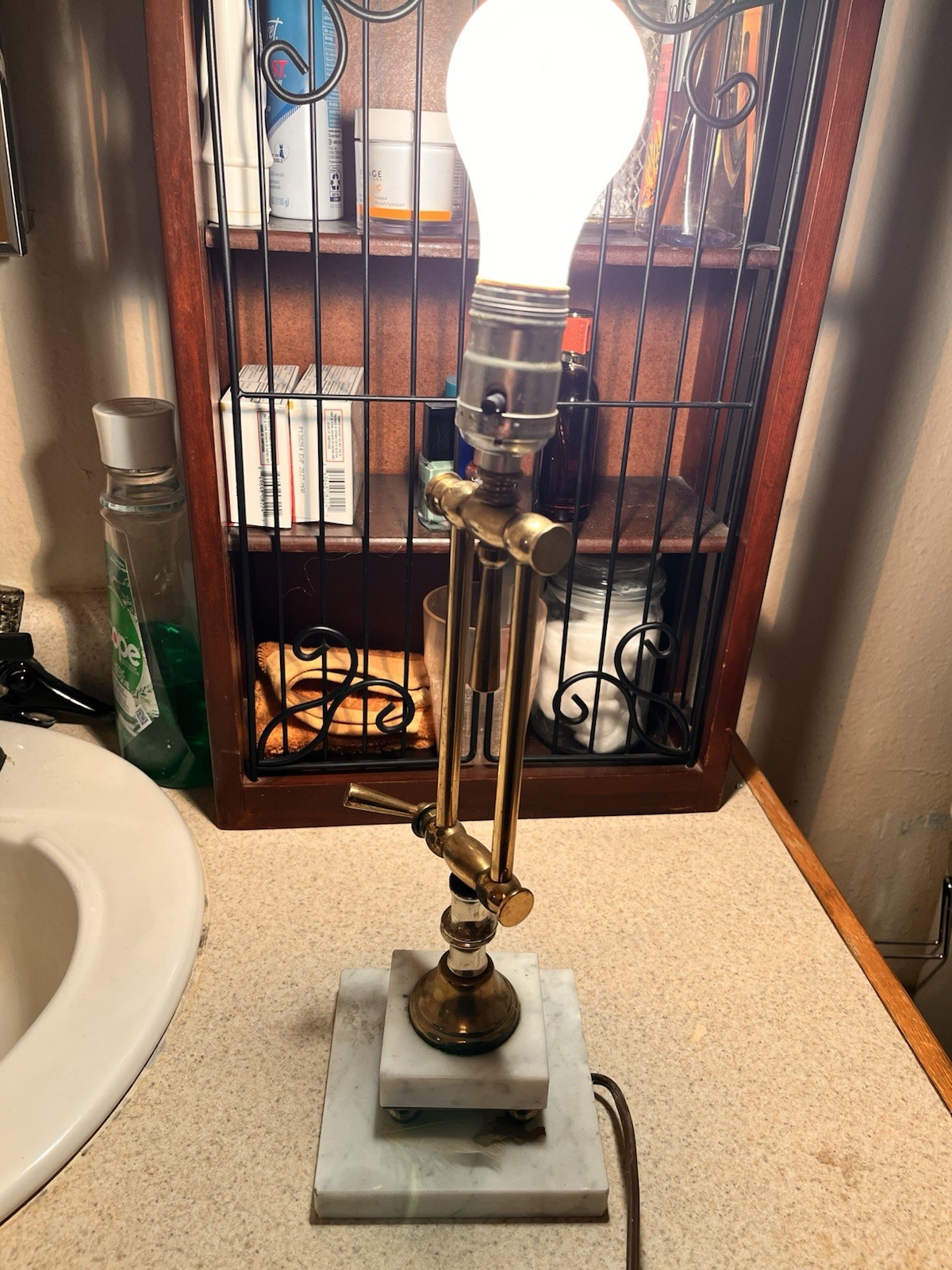 Vintage Classical Two-Tier Italian White Marble & Brass Swing Arm 15" Table Lamp