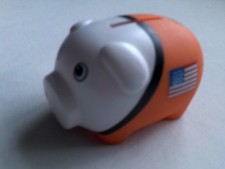 Small Plastic Pig Money Box - Ornage and white with USA images thereon - Minipig