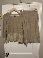VTG 70s Ami Sweater Skirt Set Midi Knit Boho Cottage Grandma Flax Large Tan