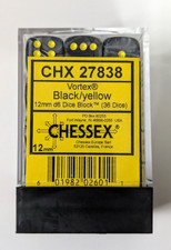 Chessex Dice 36 Vortex Black /Yellow 12mm Pipped D6 Block Set CHX 27838 OOP