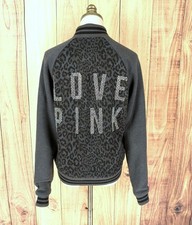 VICTORIA SECRET Love Pink Rhinestone VARSITY BOMBER JACKET Size XS Gray Leopard