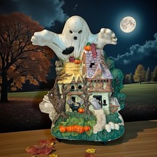 Vintage 90s Spooky Haunted House Porcelain Halloween Ghost House With Light     