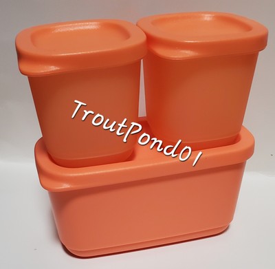 Tupperware Basic Bright Square Round Mini Coral Orange Storage Fridge Snack Set