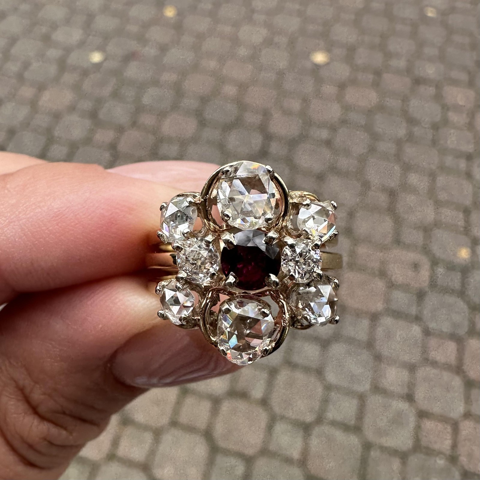 Solid Yellow Gold Round Ruby W/ Large Rose & Old … - image 12