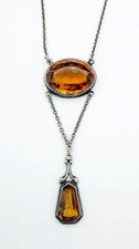Antique Art Nouveau Sterling Silver and Citrine Glass Drop Necklace