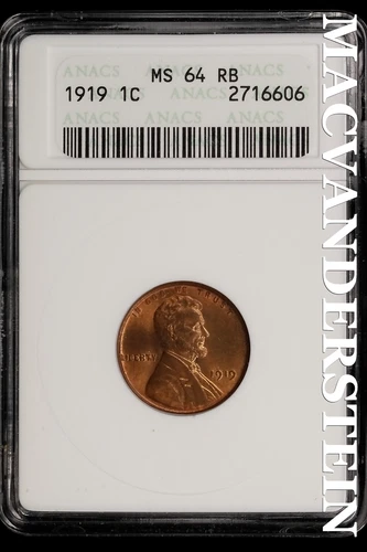 1919 Lincoln Wheat Cent-ANACS MS 64 RB Gem BU No Reserve #SLL551