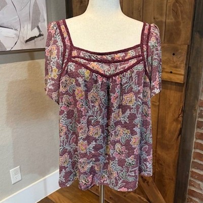 LOFT Boho Floral Peasant Top   Size Large   Burgundy Multicolor