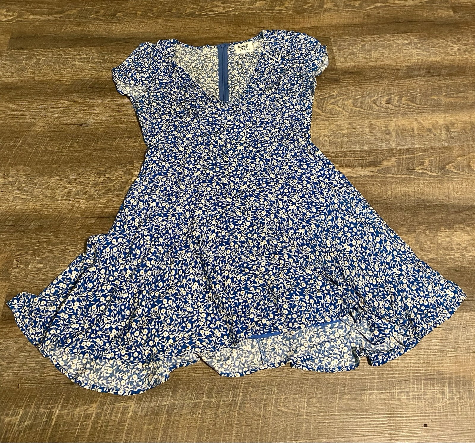 Princess Polly The Sting Mini Dress Women’s 6 Blue Floral Ruffle Hem Deep V Neck