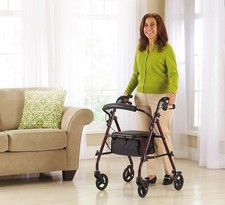 Medline Steel Rollator Walker 6 Wheels Burgundy, 350 lb. Weight Capacity