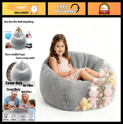 Comfy Faux Fur Bean Bag Chair Cover - Fluffy Storage for Stuffed Animals, Large