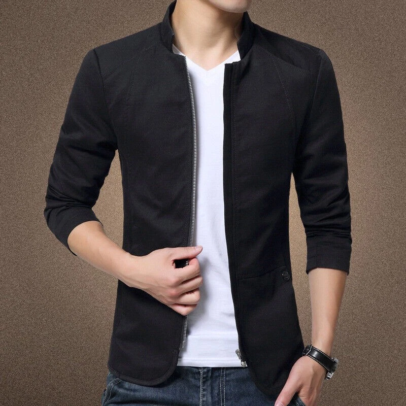 Mens Casual Jacket Blazer Coat Formal Button Stand Collar Slim Fit Suit Business - Image 4 of 4