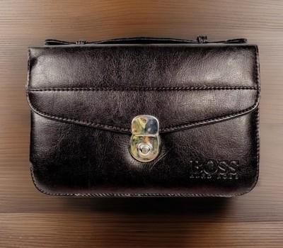 Vintage Hugo Boss Chocolate Brown Leather Crossbody Organizer Bag w/Wrist Strap