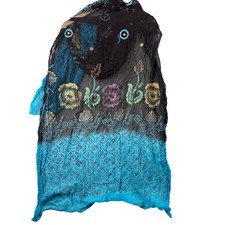 Bohemian Teal Hand Painted 100 Silk Floral Sheer Scarf Gold Metallic Shawl Wrap