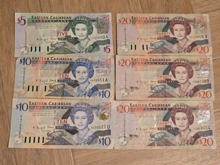 Eastern Caribbean Central Bank Banknoten Lot Scheine : 5 10 (2x) 20 (3x)