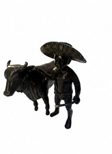 Japanese Bronze with child playing a flute Bull, Cow ,OX sculpture
