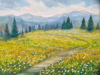 Ölgemälde Landschaft Bergwiese Blumen Weg Berge handgemalt 40x50 cm