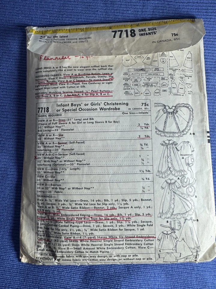 Vestido infantil McCall's 7718 Layette patrón bautizo gorra sin cordones capó de colección 1965 Foto 4 de 4