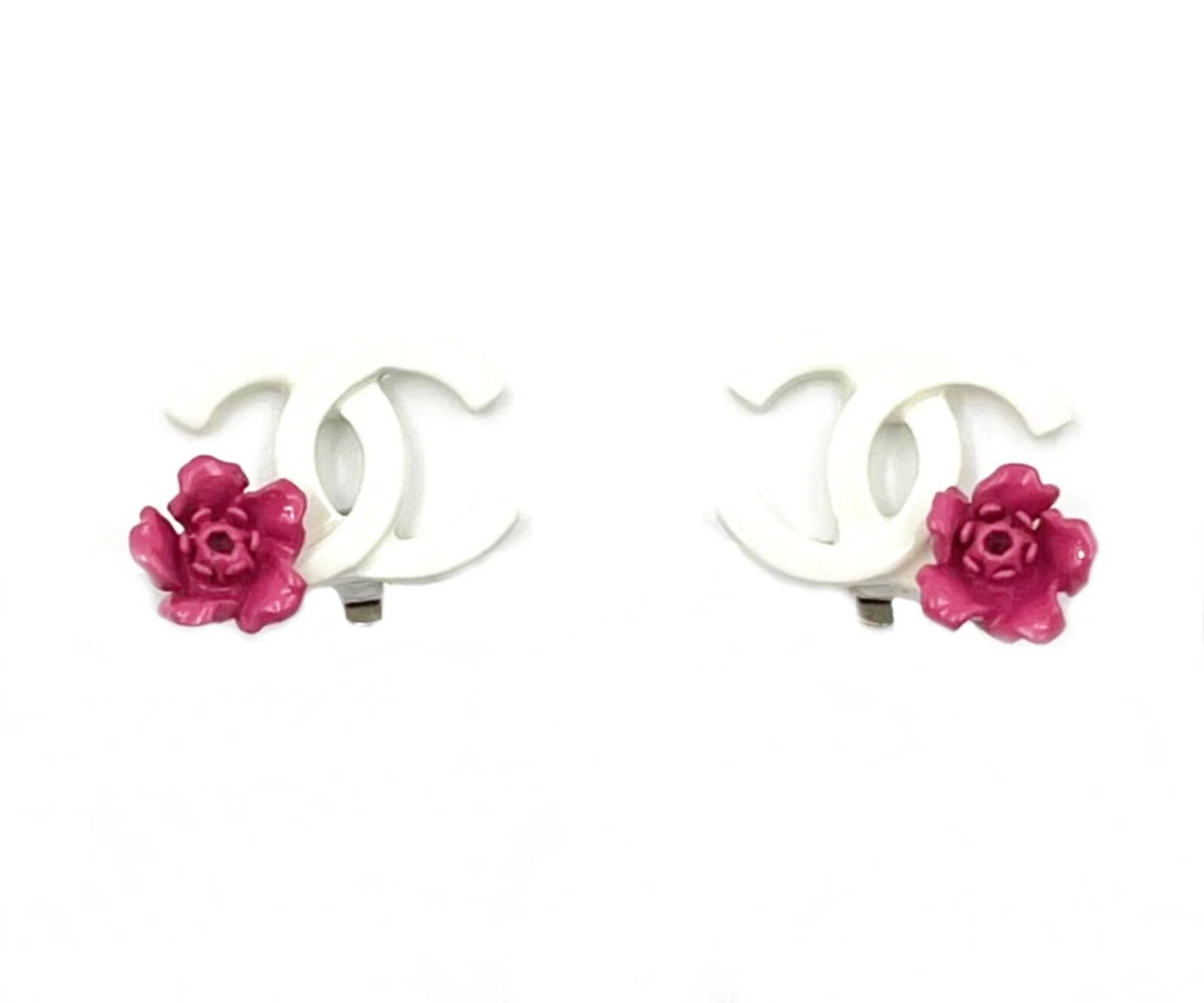 Chanel White CC Fuchsia Corner Flower Clip on Earrings As seen on Emma  Watson